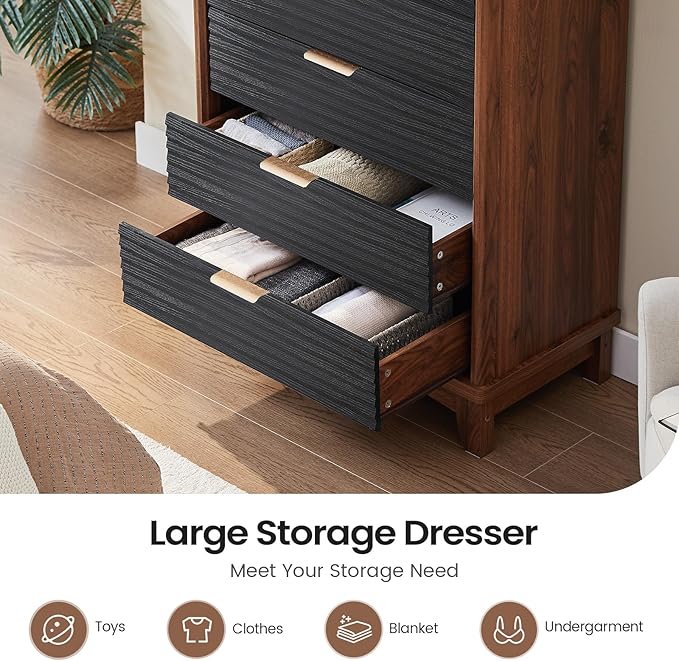 AOGLLATI Black Dresser for Bedroom with Slanted Louvre Design,Retro Chest of Drawers with Charging Station, Wooden Tall 5 Drawer Dresser for Bedroom,Living Room, Hallway, Black & Brown