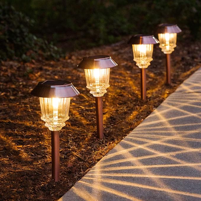 XMCOSY+ Solar Lights Outdoor Waterproof, 4 Pack Solar Lights for Outside, 10-40 LM Dimmable LED Glass Outdoor Solar Lights for Yard Pathway Garden Lawn Driveway Walkway (Warm White)
