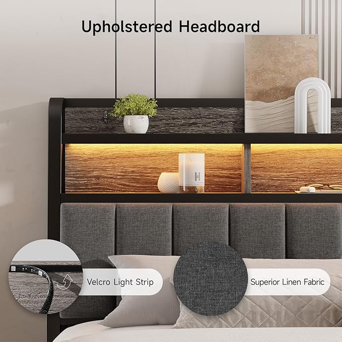 Ergonomic Headboard for King Size Bed with 2-Tier Storage, Upholstered Headboards with Outlets, USB Ports, LED Light, King Head Board Only, Height Adjustable, Sturdy and Stable, Black & Grey