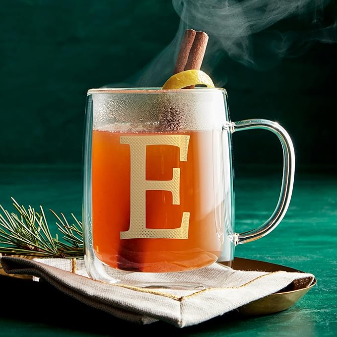 COLLECTIVE HOME - Double Walled Glass Coffee Mugs, Insulated Coffee Mug with Handle, Personalized Gifts for Women, Men, Christmas, 14 oz Monogram Cups (E)