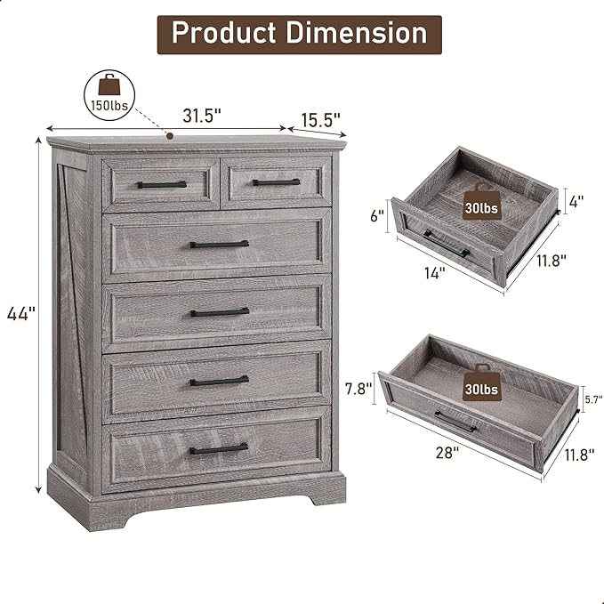 6 Drawer Dresser, Farmhouse Chest of Drawers for Bedroom, 44" Tall Dresser with Large Metal Handles, Wood Drawer Organizer for Living Room, Hallway, Closet - Grey