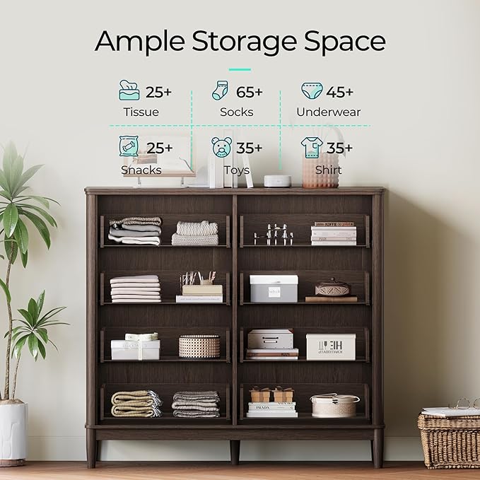 LINSY HOME Rattan Dresser for Bedroom with 8 Drawers, 54" Wide Chest of Drawers, Mid Century Modern Dresser TV Stand with Metal Handle, Wood Closet Storage Cabinet for Living Room, Hallway, Walnut