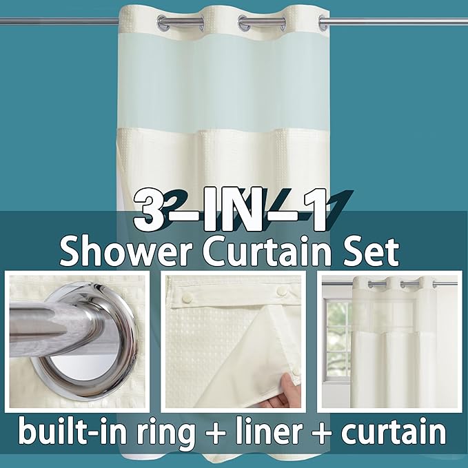 Conbo Mio Stall No Hook Waffle Weave Shower Curtain with Snap in Liner Set, Hotel Luxury Beige Shower Curtains for Bathroom with See Through Top Window, Waterproof, Washable 36W x 74H