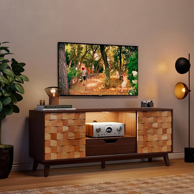 Mid Modern TV Stand with Storage | 55" Wide Walnut Wood Console Cabinet | Entertainment Center w/Adjustable Shelves | Solid Wood Legs | Easy Assembly