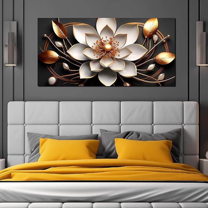 Large Artwork Canvas Wall Art for Living Room Office Room Bedroom Decor Wall Painting White and Gold Flowers Picture Modern Decorative Painting with Frame Ready to Hang Canvas Decor Size 24x48 E