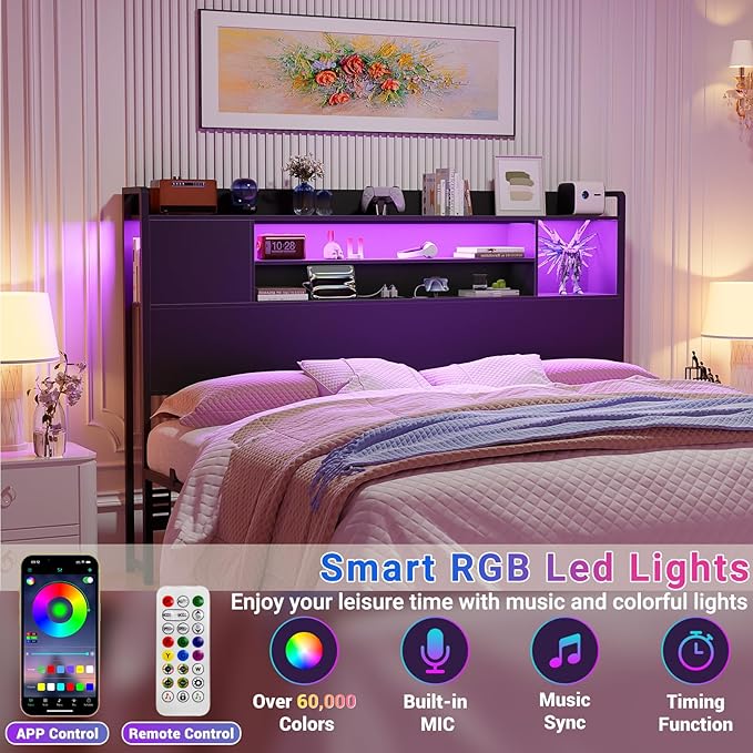Unikito Headboard for Full Size Bed, Bookcase Style Head Board with Power Outlet and RGB LED Light, Reversible Headboard with Storage, Height Adjustable, Sturdy and Stable, Full Size, Black