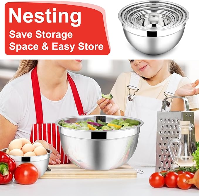 E-far Mixing Bowls with Lids, 12-Piece Stainless Steel Salad Bowls Metal Nesting Bowls for Baking Cooking and Prepping, Airtight Lids & Stackable Design, Size 7, 4.5, 3, 1.5, 1.2, 0.7 QT (Red)