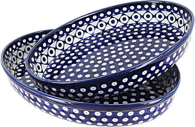 Blue Rose Polish Pottery - Blue Xandra Oval Baker Set - 2 Bakers - Unique, Dishwasher Safe, & Durable Bakeware