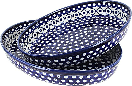 Blue Rose Polish Pottery - Blue Xandra Oval Baker Set - 2 Bakers - Unique, Dishwasher Safe, & Durable Bakeware