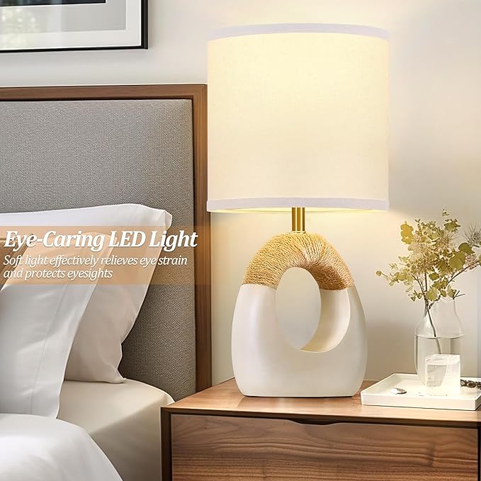 Table Lamp for Bedroom Set of 2 - Bedside Table Lamps with 3 Color Temperatures - Boho Rattan Lamps for NightStands Small White Farmhouse Living Room Lamps for Reading Sleeping Bulbs Included