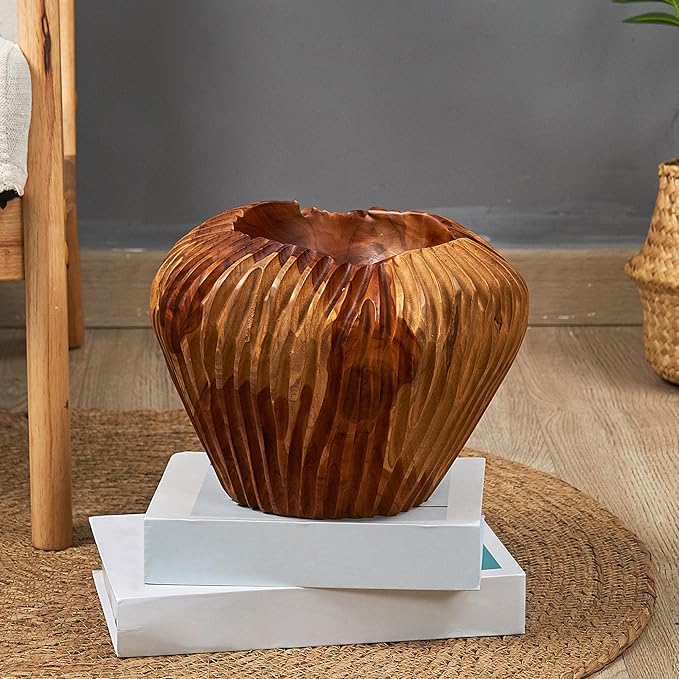 Teak Handcrafted Wooden Bowls Natural Wood Round Utility Bowl 9.7" W Handmade Rustic Serving Platter Fruit Snack Holder for Entry Table Vintage Artworks Dining Room Home Décor