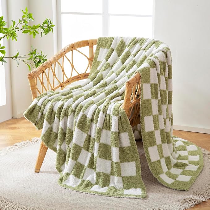 YIRUIO Throw Blanket Checkered Chessboard Fluffy Fuzzy Warmer Comfort Reversible Super Soft Cozy for Home Decor Bed Couch Sofa Living Room (Sage Green, 51''x63'')