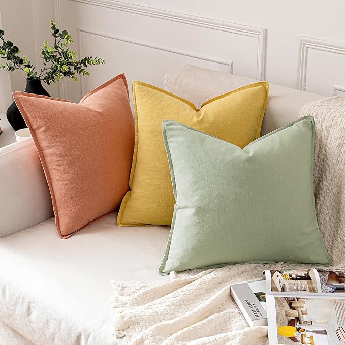 MIULEE Decorative Linen Pillow Covers 20x20 Inch Yellow Boho Farmhouse Neutral Couch Throw Pillows for Bed Pack of 2 Accent Modern Pillowcase Summer Sofa Livingroom Home Decor