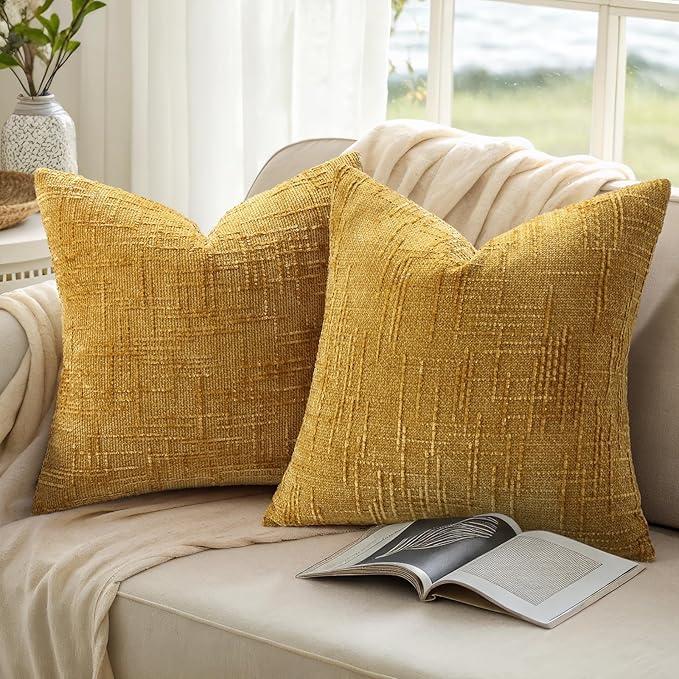 decorUhome Mustard Yellow Chenille Throw Pillow Covers 20x20 Set of 2 Thick Textured Slubby Couch Pillow Covers Farmhouse Accent Modern Neutral Decorative Pillow Cases for Bed Sofa Living Room