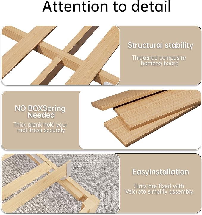 14 Inch Bamboo Bed Frame – Queen Size Solid Wood Platform Bed Frame, Strong and Stable, with Non-Slip Slats for Support, No Box Spring Needed, Easy to Assemble, Noise-Free (Natural, Queen)