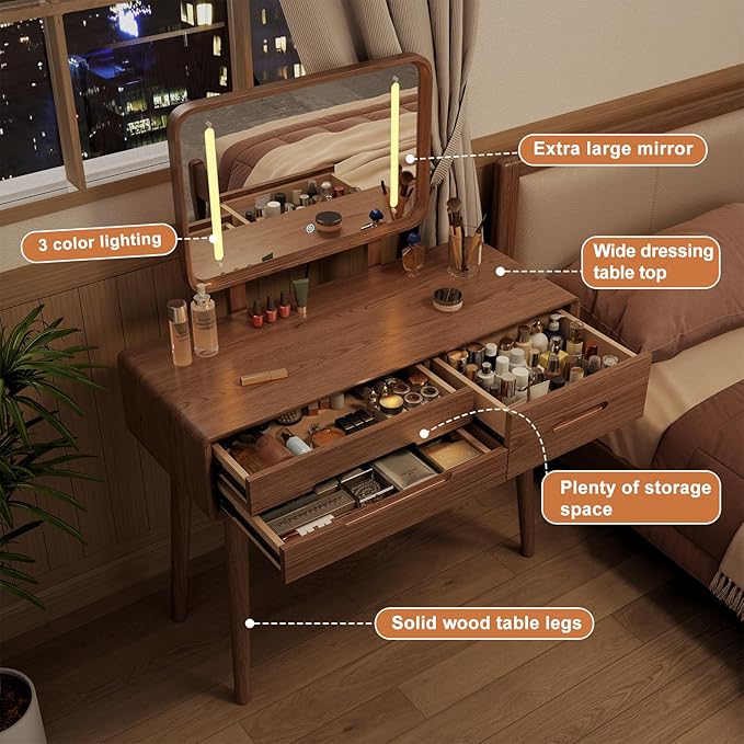 KungFuWood Soild Wood Makeup Vanity Desk with Light Mirror, Dressing Table Wooden 3 LED Lighting Modes Adjustable,3 Drawers Dresser Make up Table Height-Adjustable Mirror, for Bedroom (with Adapter)