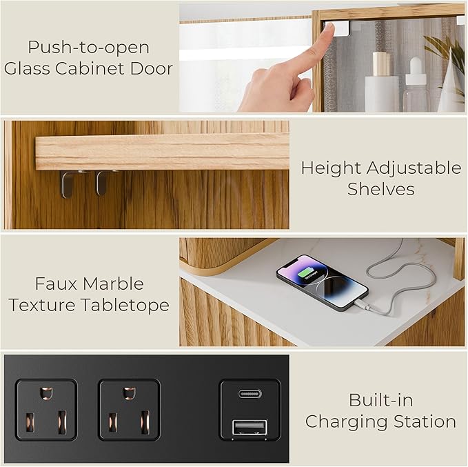 Fluted Vanity Desk with 36" Mirror and Lights, Makeup Vanity Desk with Glass Top, Dressing Table with 5 Drawers & Shelves, Wood Vanity Table for Bedroom(Natural Oak)