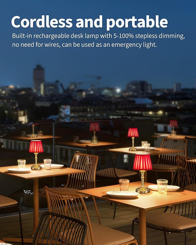 KDG Cordless Portables Table Lamp Set of 2, LED Fabric Shade Small Desk Lamps, 5000mAh Battery Powered Lighting, 2700K Stepless Dimmable Light for Living Room, Dining Room, Bedroom (Bronze+Red)