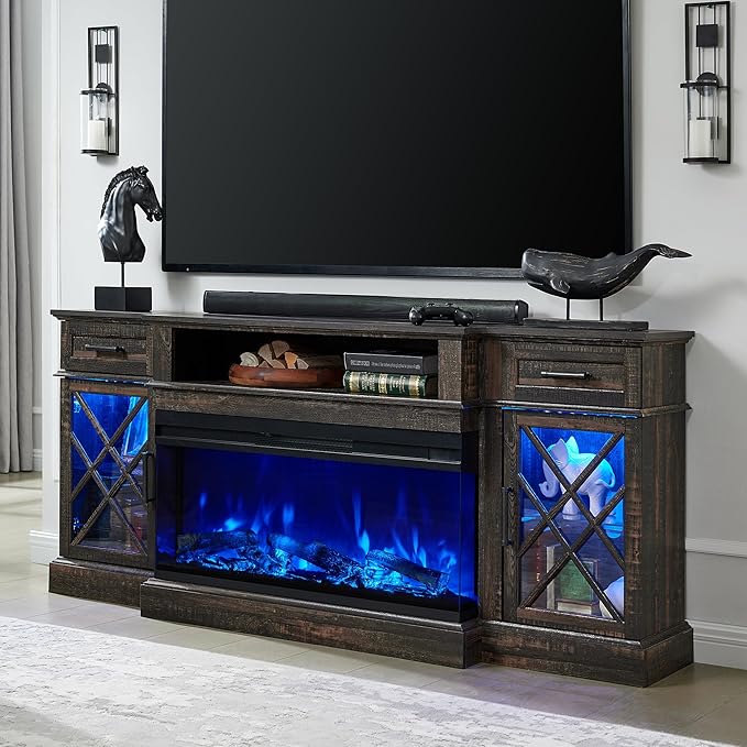 OKD 70'' TV Stand with 36'' Electric Fireplace, Media Entertainment Center for TVs Up to 80'', Modern Farmhouse 3-Sided Glass TV Stand with 3 Color Lights & 5 Flame Speeds, Dark Rustic Oak