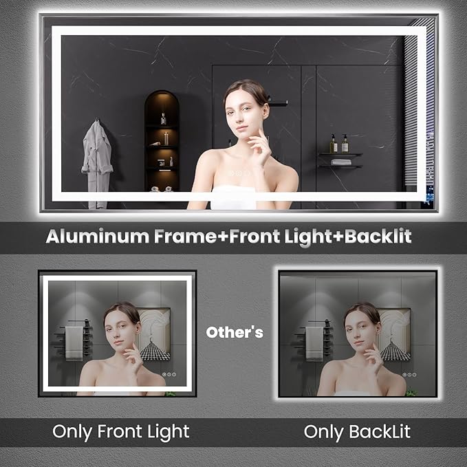 Amorho 40" X36" LED Bathroom Mirror, Brushed Nickel Framed Mirror with Front Light and Backlit, Stepless Dimmable, Anti-Fog, Shatter-Proof, Memory, 3 Colors