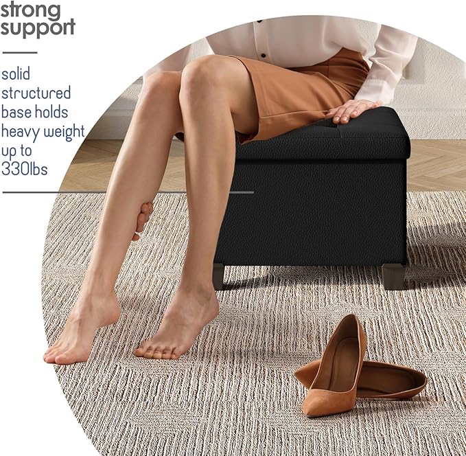 STORAGEBUD Storage Ottoman Cube with Small Bin, 16-in Square Ottoman with Storage for Living Room and Bedroom, Small Ottomans Foot Rest, Faux Leather Foot Stools Ottomans Max 330lbs, Black