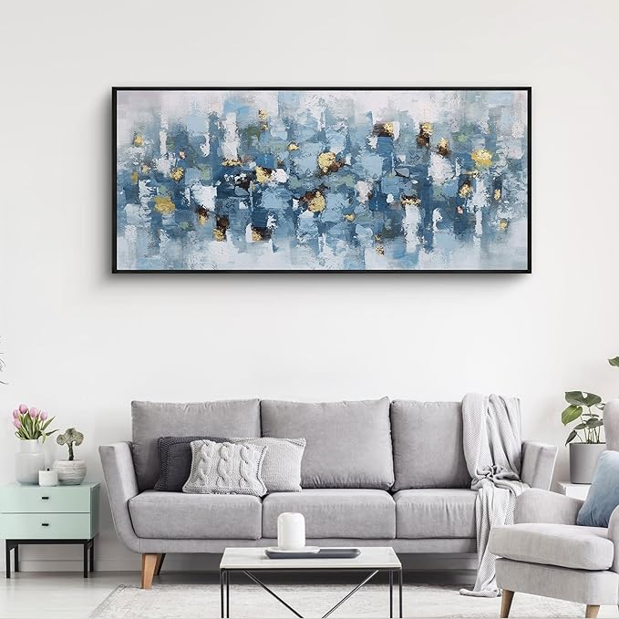 KLAKLA Blue and White Abstract Wall Art - Living Room Wall Decor Gold Picture Artwork for Walls Prints Paintings Framed Canvas Bedroom Office Guest Room Home Decoration 70x31 Inches