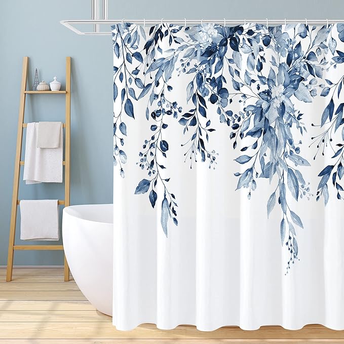 Gibelle Long Shower Curtain 72 x 78, Navy Blue Floral Shower Curtain for Bathroom, Watercolor Plant Eucalyptus Leaves Fabric Shower Curtain Set with Hooks