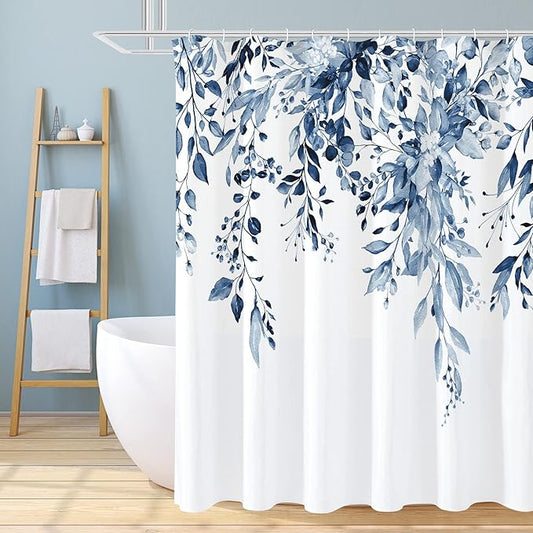 Gibelle Long Shower Curtain 72 x 78, Navy Blue Floral Shower Curtain for Bathroom, Watercolor Plant Eucalyptus Leaves Fabric Shower Curtain Set with Hooks