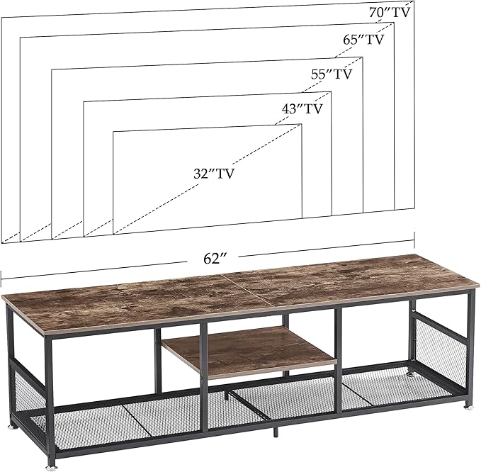 VECELO Industrial TV Stand for Televisions up to 70 Inch, 62" Entertainment Center with Open Storage Shelves for Living Room/Bedroom, 3 Tiers Media Console Table with Metal Frame, Brown, 62 Inches