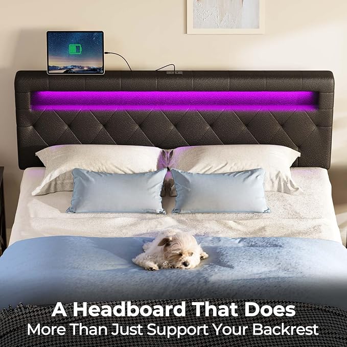 GREENSTELL Headboard for Queen Size Bed with 60,000 DIY color of LED Light, USB & Type C Post, Attach Frame, Height Adjustable, Black Wall Mounted Head Boards Only, Sturdy & Stable, Comfortable, Queen
