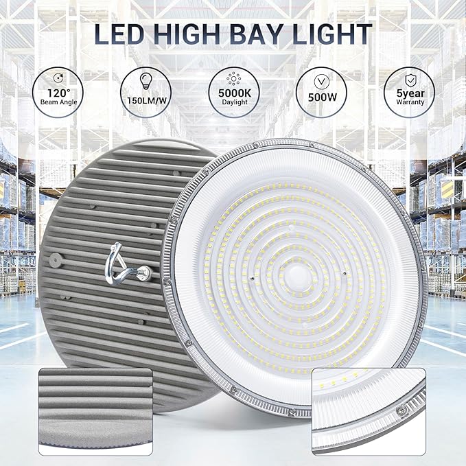 4 Pack 500W UFO Led High Bay Light,120VAC,5000K Daylight Commercial Bay Lighting,IP66 Waterproof,71050LM,2150W MH/HPS with Plug Area Lighting for Warehouse/Shop/Workshop/Barn/Gym/Factory