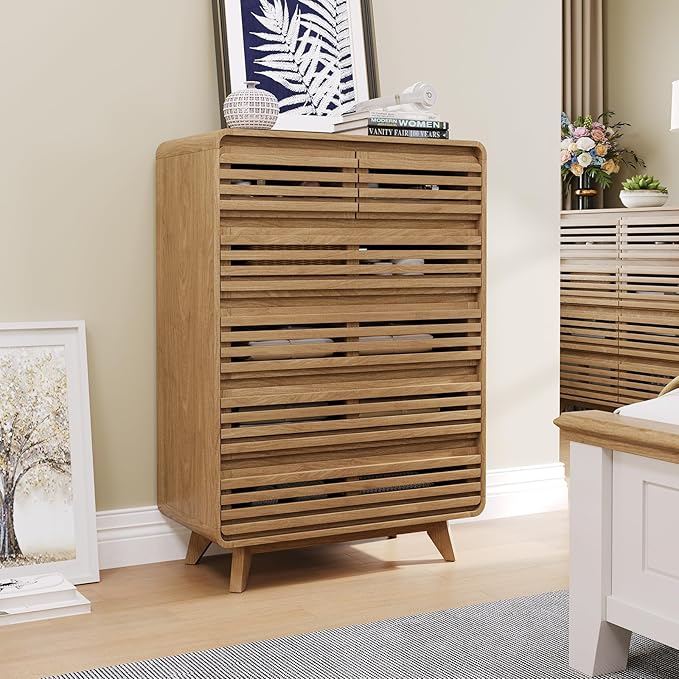 Fluted Dresser for Bedroom, Tall Dresser with 6 Drawers, Chests of Drawers with Grille & Curved Design, Dressers Slides Pre-Installed, Large Wood Drawer Organizer for Bedroom Hallway, Natural Oak