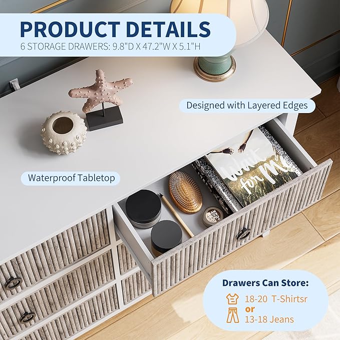 GarveeHome 6 Drawer Dresser for Bedroom，Waveform Fluted Chest with Large Drawer, Wooden Chest of Storage Cabinet, Fluted Dressers for Bedroom Living Room Hallway Closet, Anti-Tipping