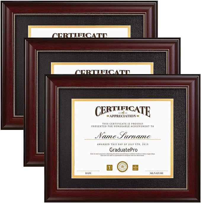 GraduatePro 8.5x11 Diploma Frame with Black Over Gold Mat or Display 11x14 Document Without Mat, CPA License Frame, UV Protection Acrylic, Mahogany with Gold Beads, Pack of 3