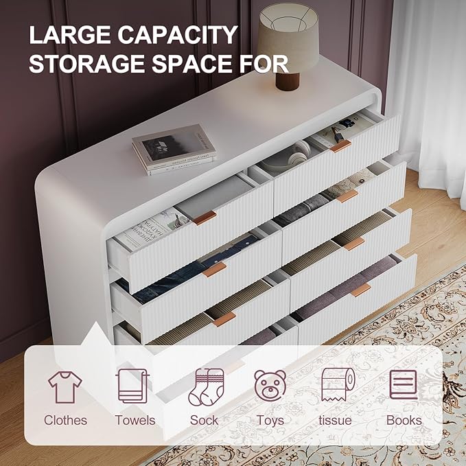 FURSUN Fluted 8 Drawers Dresser for Bedroom, 55" Wide Wooden Dresser with Metal Handle, Curved Profile Design, Modern Storage Organizer for Living Room, Hallway (White)