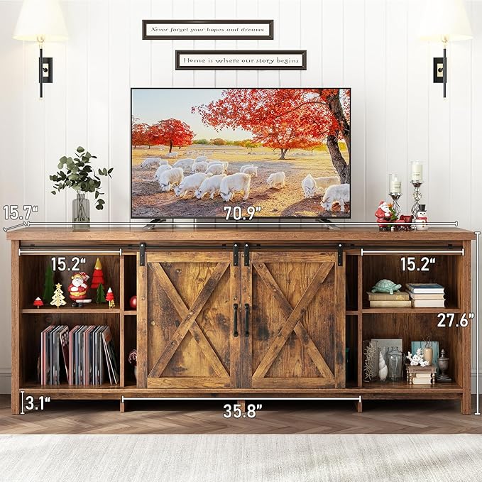 70" Farmhouse TV Stands for 70 75 80inch TV w/Adjustable Shelves,Sliding Barn Door.Wooden Entertainment Center,TV Console Cabinet with Storage for Bedroom Living Room(Brown 70in)