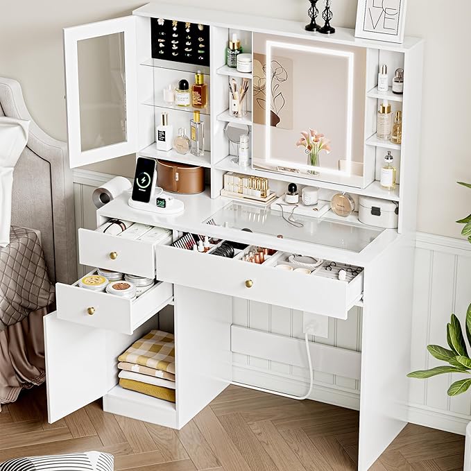 Vanity Desk with Mirror and Lights Makeup Vanity Desk with Lights 3 Colors 38" Dressing Table with Drawer and Cabinet for Bedroom Transparent Glass Top Power Outlet for Bedroom White