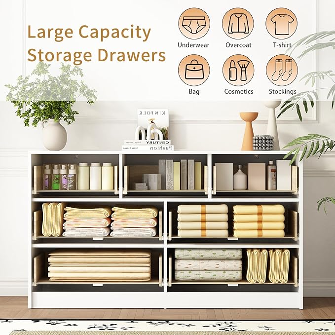 7 Drawers Dresser for Bedroom,55" Wide Fluted Dresser with Deep Drawers, Modern Chest of Drawers, Wood TV Stand Storage Organizer for Closet, Living Room, Hallway, White