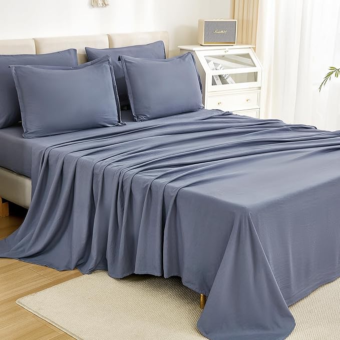 Litanika California King Comforter Set Bluish Grey - 7 Pieces Bed in a Bag Cal King Bedding Comforter Sets, Plain Lightweight Bed Set with Comforter, Sheets, Pillowcases & Shams