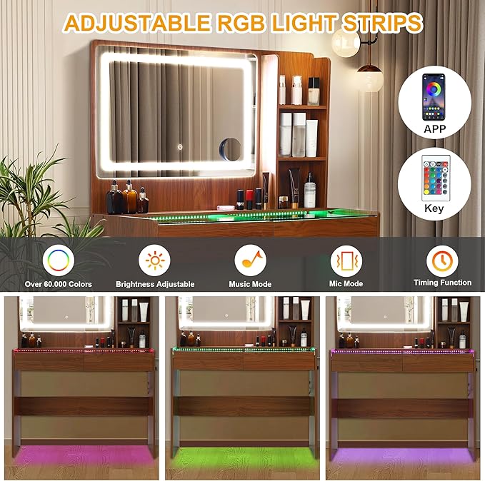 Vanity Desk，Transparent Desktop, Multiple Color Ambient Lights, with Mirror and Tri Color Light Strip, Dressing Table with Charging Station, Equipped with 2 Drawers, Peach Colored