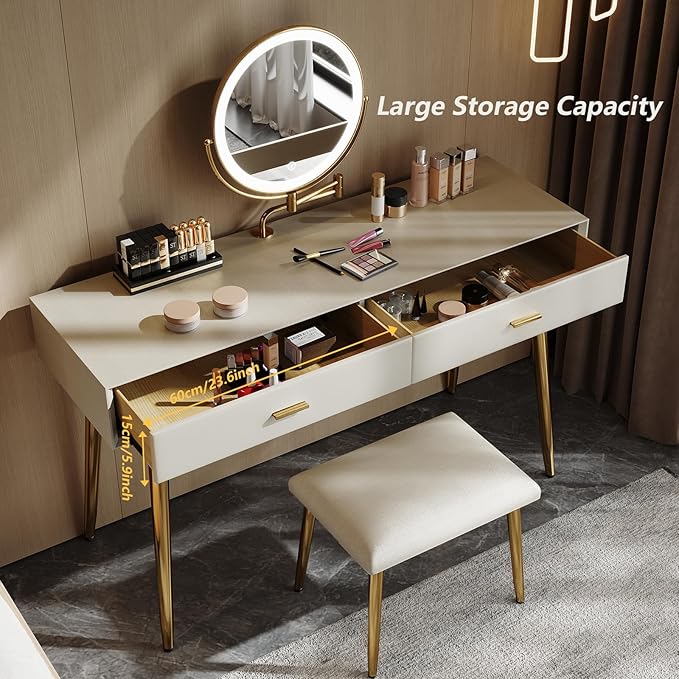 IKuinen Makeup Vanity Desk with Mirror and Lights, Small Vanity Table with 2 Drawers, Stool, Vanity Set for Bedroom with Leather, 3 Lighting Modes - 47.2In Beige