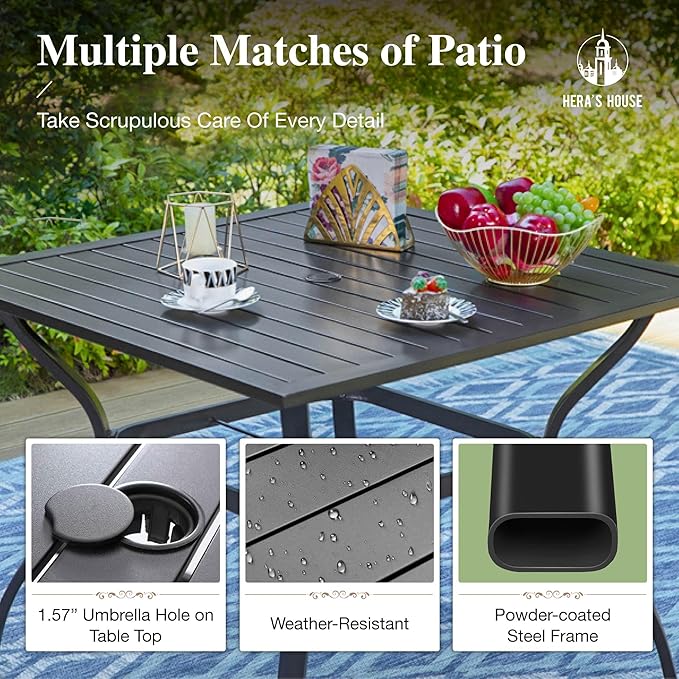 HERA'S HOUSE Outdoor Dining Set 5-Piece, 4 PE Wicker Patio Chair with Cushion & 37" Square Metal Dining Table with 1.57" Umbrella Hole for Lawn Garden Backyard Deck