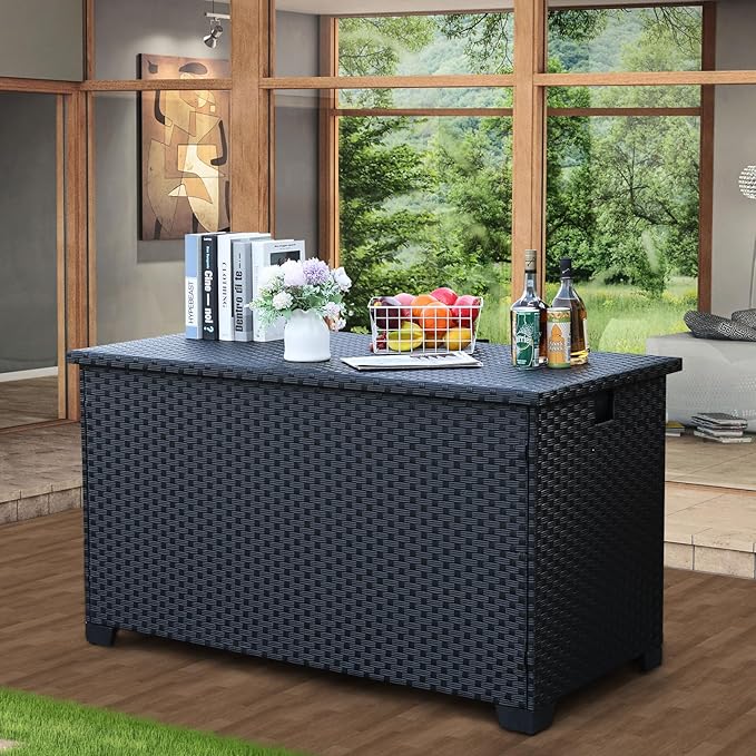 150 Gallon Patio Storage Bin with Waterproof Lining Bag Large Deck Storage Box Patio Storage Box Cushion Storage Bin Outdoor, Black Wicker