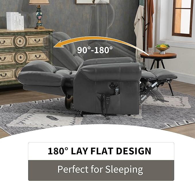 Dual Motor Power Lift Chair, Lay Flat Recliner Chair, Electric Recliner with Massage and Heat for Elderly, Remote Control, Infinite Position, Standing Assistance, USB Ports,Faux Leather, Grey