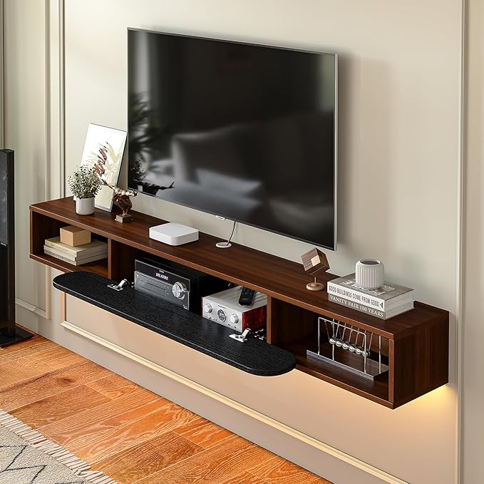 Floating TV Stand Wall Mounted 55'', Modern Media Console with 2 Open Cabinets and 1 Door,Wall Mount TV Console for Living Room Bedroom,Walnut and Black
