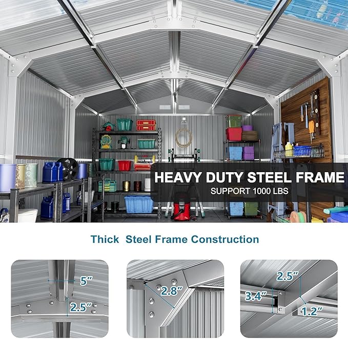 Restland 10x16 FT Outdoor Storage Shed Reinforced Frame Metal Shed with Clear Roof, Air Vent & Lockable Door Large Garden Tool Storage Sheds for Backyard, Garden, Lawn