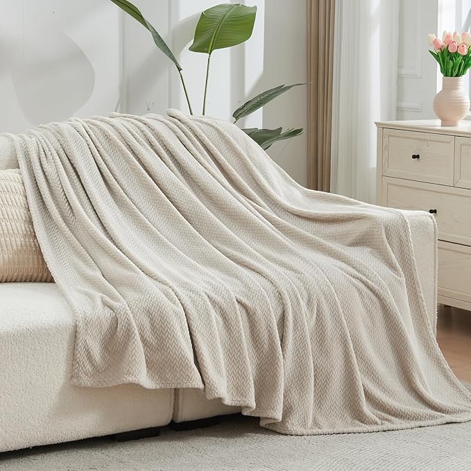 NEWCOSPLAY Super Soft Queen Blanket Linen Premium Silky Flannel Fleece Leaves Pattern Lightweight Bed Blanket All Season Use (Linen, Queen(90"x90"))