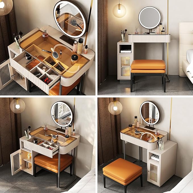 Lartis Makeup Vanity, Makeup Vanity with LED Makeup Mirror, Three Adjustable Light Levels, Tempered Teal Glass countertop