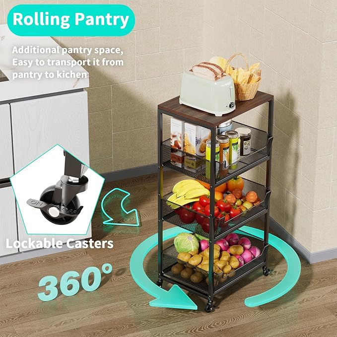 HapiRm Fruit Basket Kitchen Cart - 4-Tier Rolling Storage Cart with Wheels, Fruit Vegetable Basket with Wood Top, Pantry Utility Kitchen Organizer for Fruit Potato Onion Vegetable Bread Snack