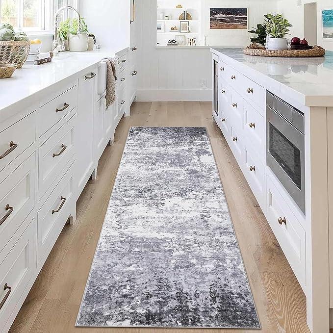 Modern Abstract Runner Rug 2x10 Washable Non Slip Stain Resistant Rug for Bedroom Living Room Non Shedding Low Pile Indoor Floor Cover,Light Grey